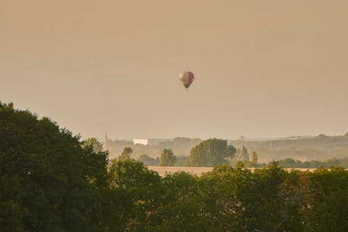 Free Hot Air Balloon Flying Over Green Trees Stock Photo