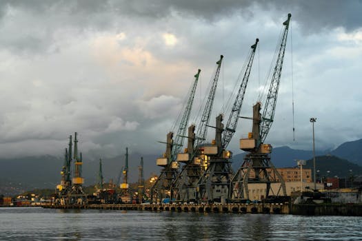 Seaport with industrial cranes against a cloudy sky during twilight, capturing a serene industrial landscape.