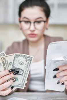 Focused young woman handling dollar bills and receipts, highlighting financial management skills.
