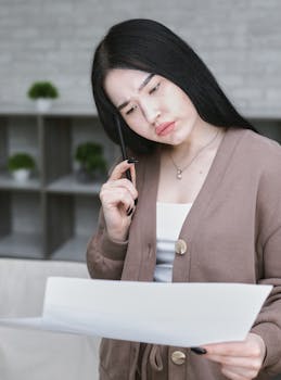 A woman thoughtfully examines a paper indoors, conveying concentration and focus.