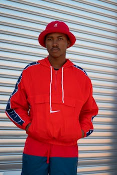 African American man wearing a red Nike jacket and hat, showcasing urban street style fashion.