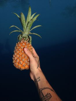 A tattooed hand holding a ripe pineapple against a dark background in Bali, Indonesia.