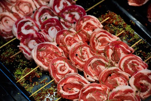 Close-up Photo of Skewered Raw Meat 