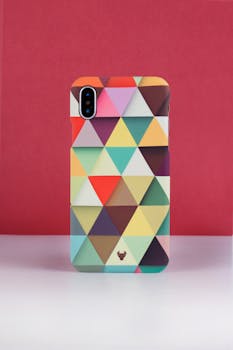 Vibrant phone case with geometric pattern displayed on a red backdrop, perfect for modern design lovers.