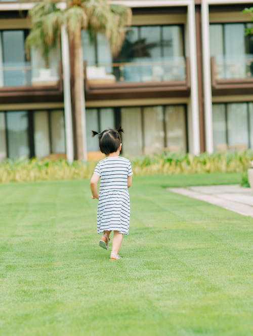 Full body of little girl with cute ponytails running on lawn with verdant fresh grass on blurred background