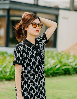 Asian woman in a trendy dress with sunglasses enjoying a sunny day outdoors.