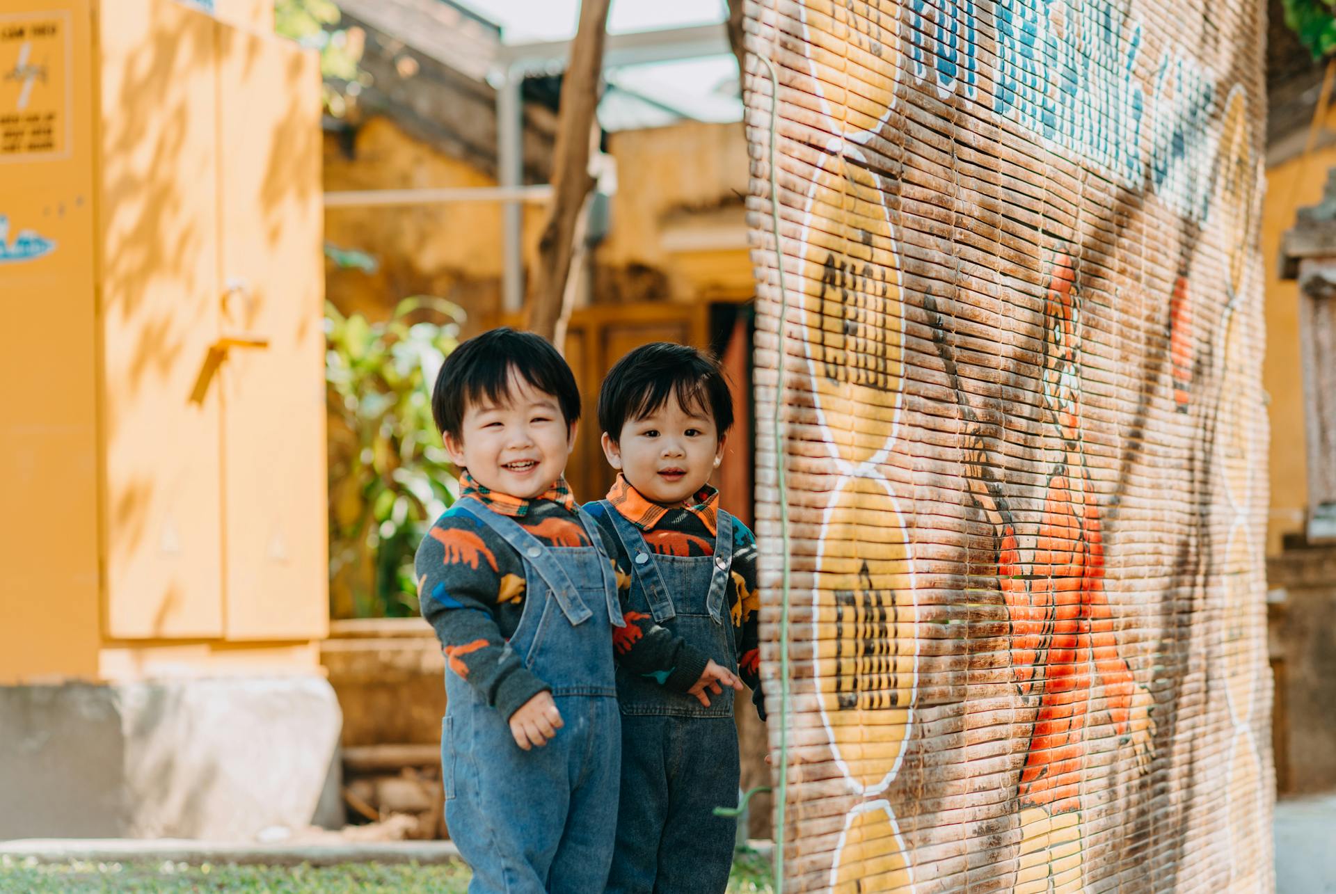 Charming twin brothers smiling in a sunny outdoor setting, wearing denim overalls.