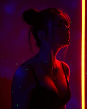 A woman in silhouette with dramatic neon red lighting creates a moody atmosphere.