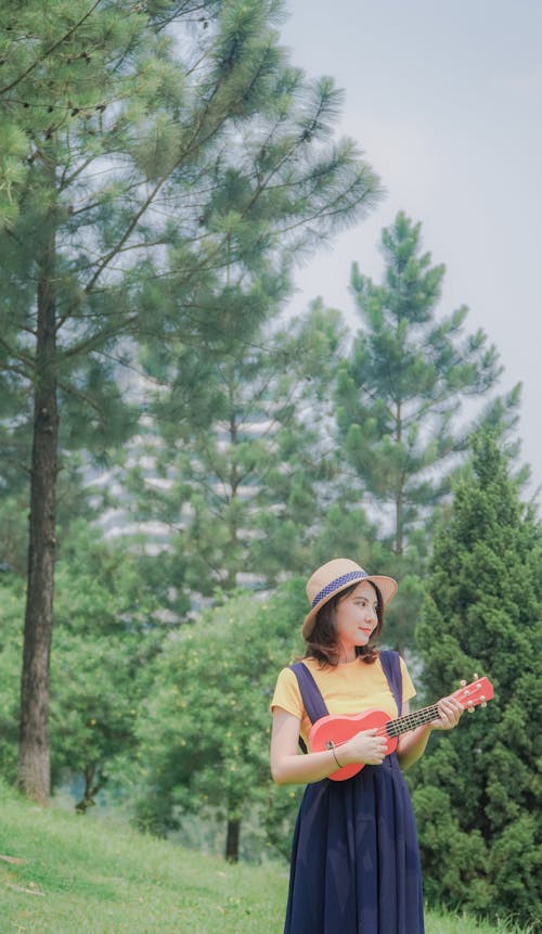 Woman in Yellow and Blue Dress Holding Pink Ukulele