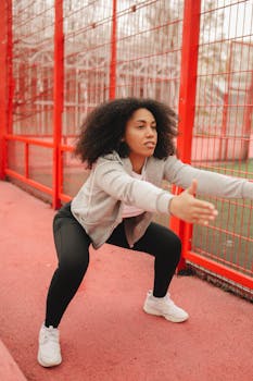 African American woman doing squats in a colorful urban park, promoting fitness and wellness.