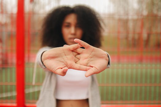 African American woman stretches hands in outdoor fitness setting, promoting wellness.