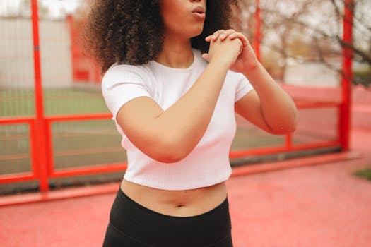 A young woman working out outdoors in a white crop top and black leggings, showing dynamic movement.