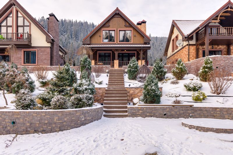 Mountain homes surrounded by snow and evergreens