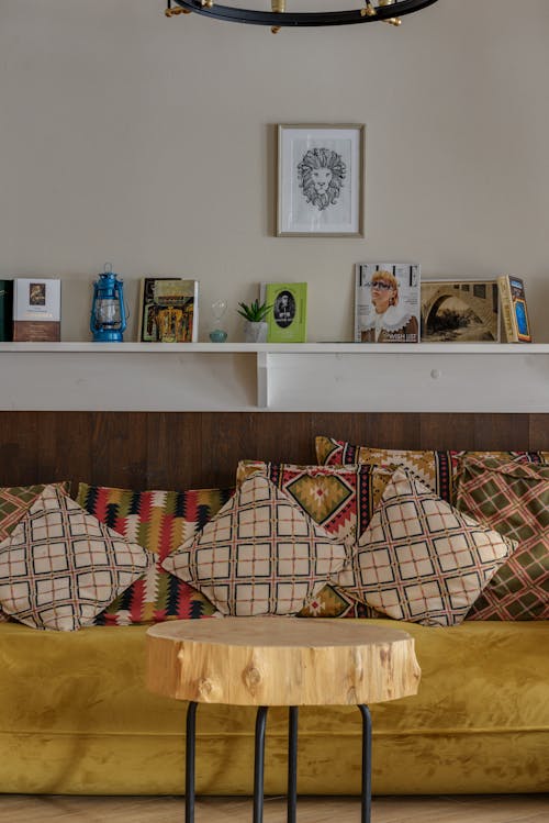 Wooden Coffee Table Near Yellow Sofa