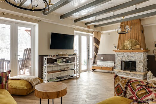 Warm and inviting living room featuring rustic decor and natural materials.