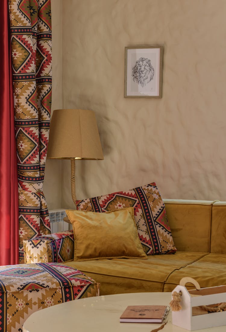 Beige And Red Interior With Geometric Textile 