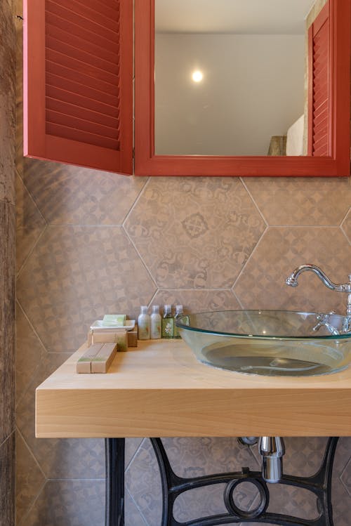 Clear Washbasin on Wooden Base