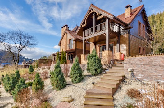 Picturesque wooden house with garden path surrounded by lush greenery and scenic views.