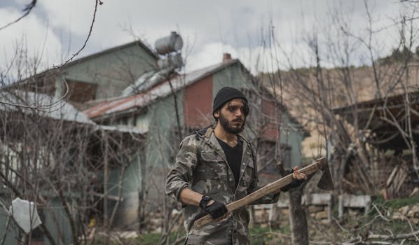 A rugged man wearing camouflage and a beanie stands outdoors with an axe, depicting survival skills.