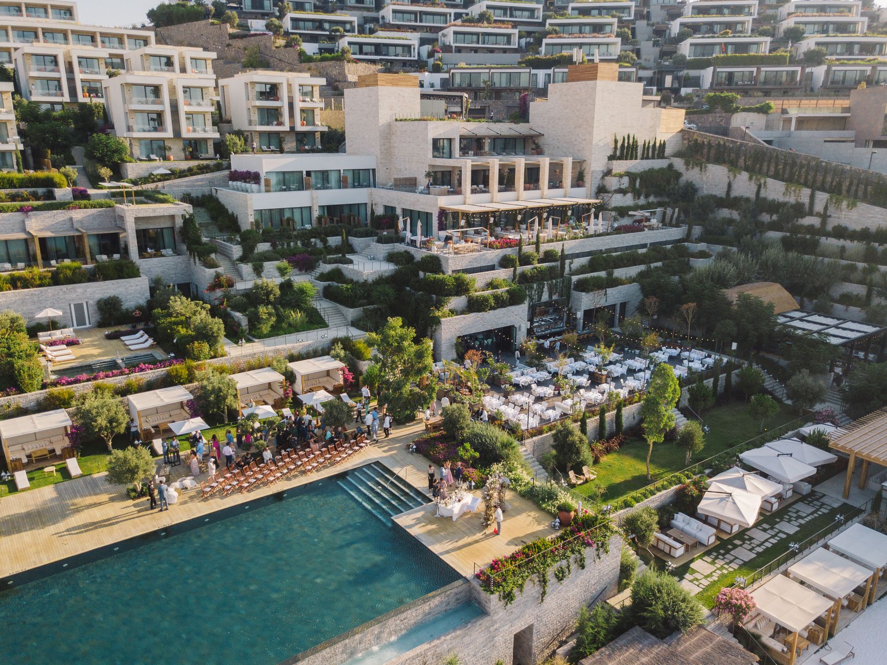 Aerial View of Hotel with Green Plants