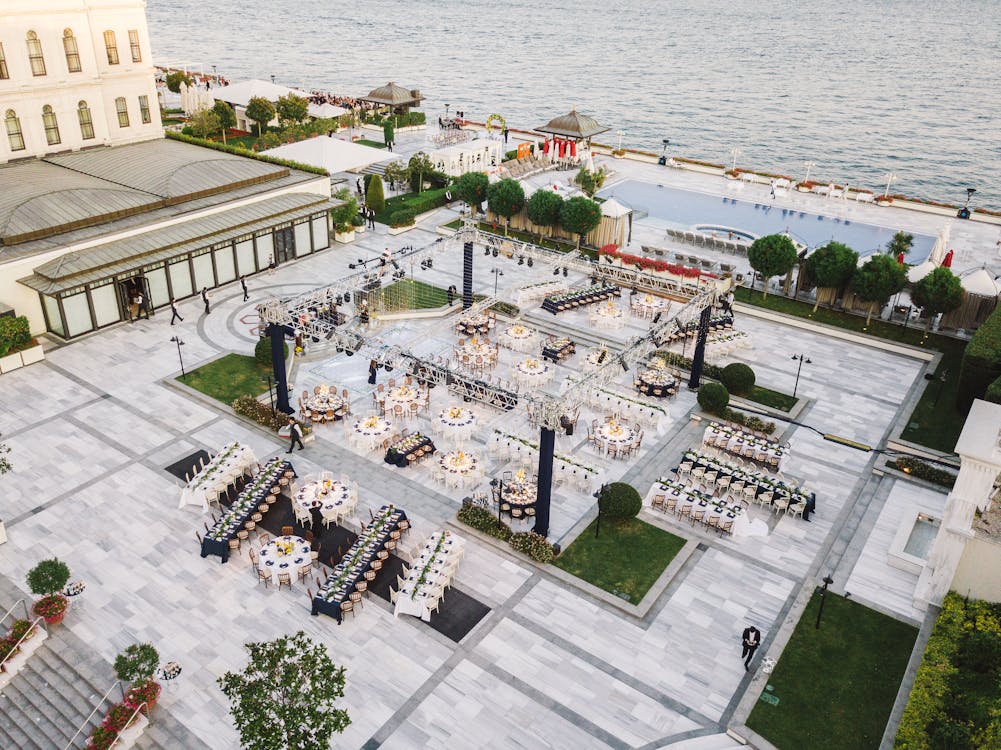 Free Aerial View Of Event Reception Settings Stock Photo