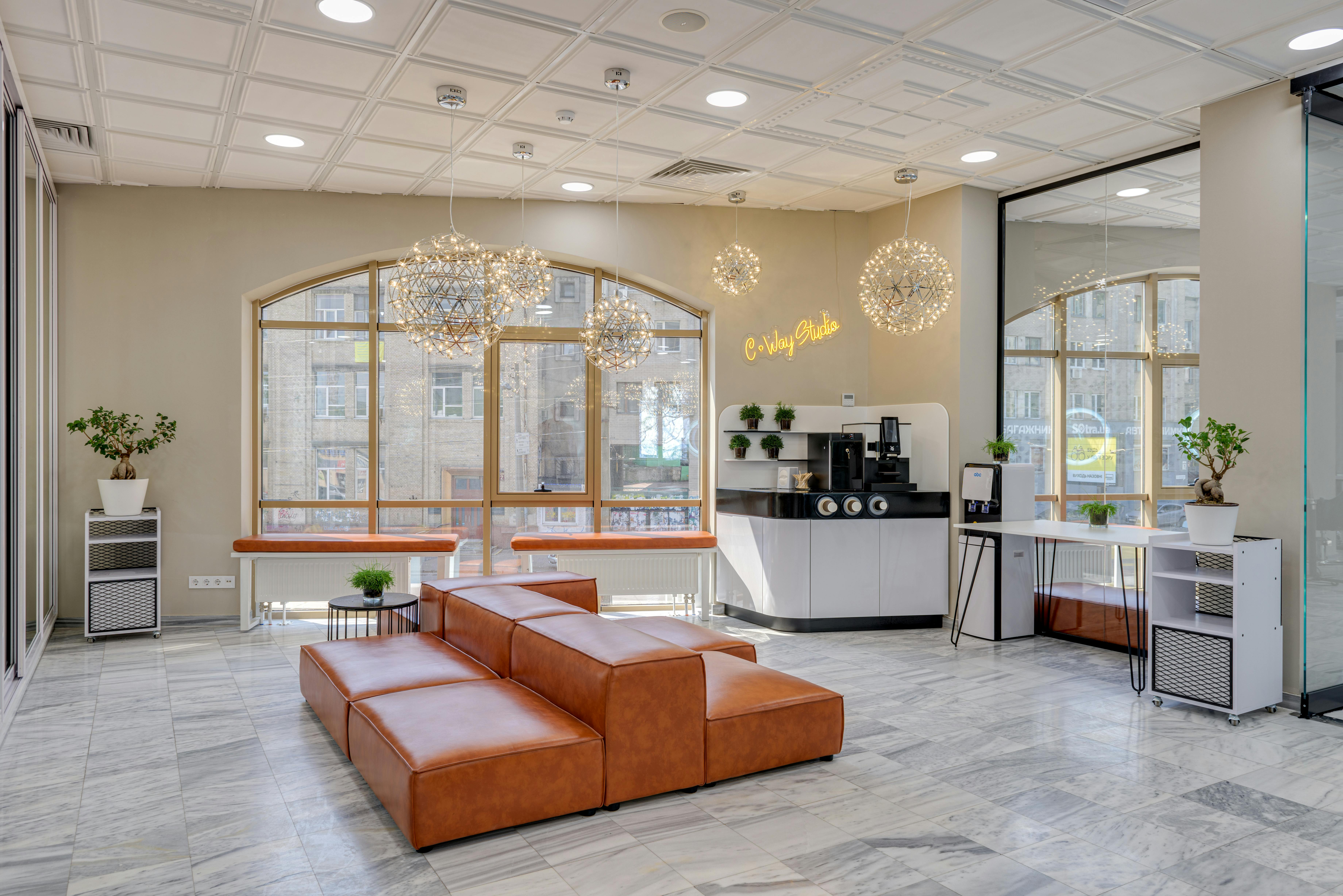 lobby area and a coffee station in a modern office