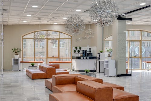 Brown Sectional Couch Inside a Beauty Salon