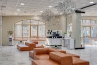 Brown Sectional Couch Inside a Beauty Salon