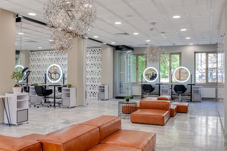 Beauty Parlor With Brown Leather Couch