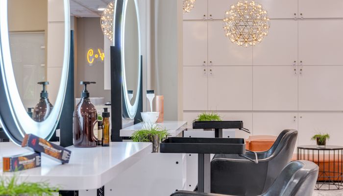 Salon styling station with premium products and tools