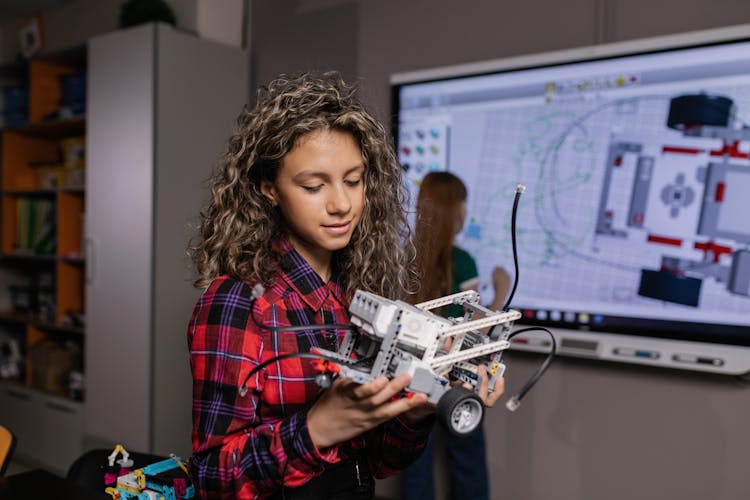 Woman In Plaid Long Sleeves Holding A Gray And White Lego Robot 