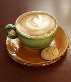 A close-up of a cappuccino with latte art in a green cup with a cookie on a wooden table.