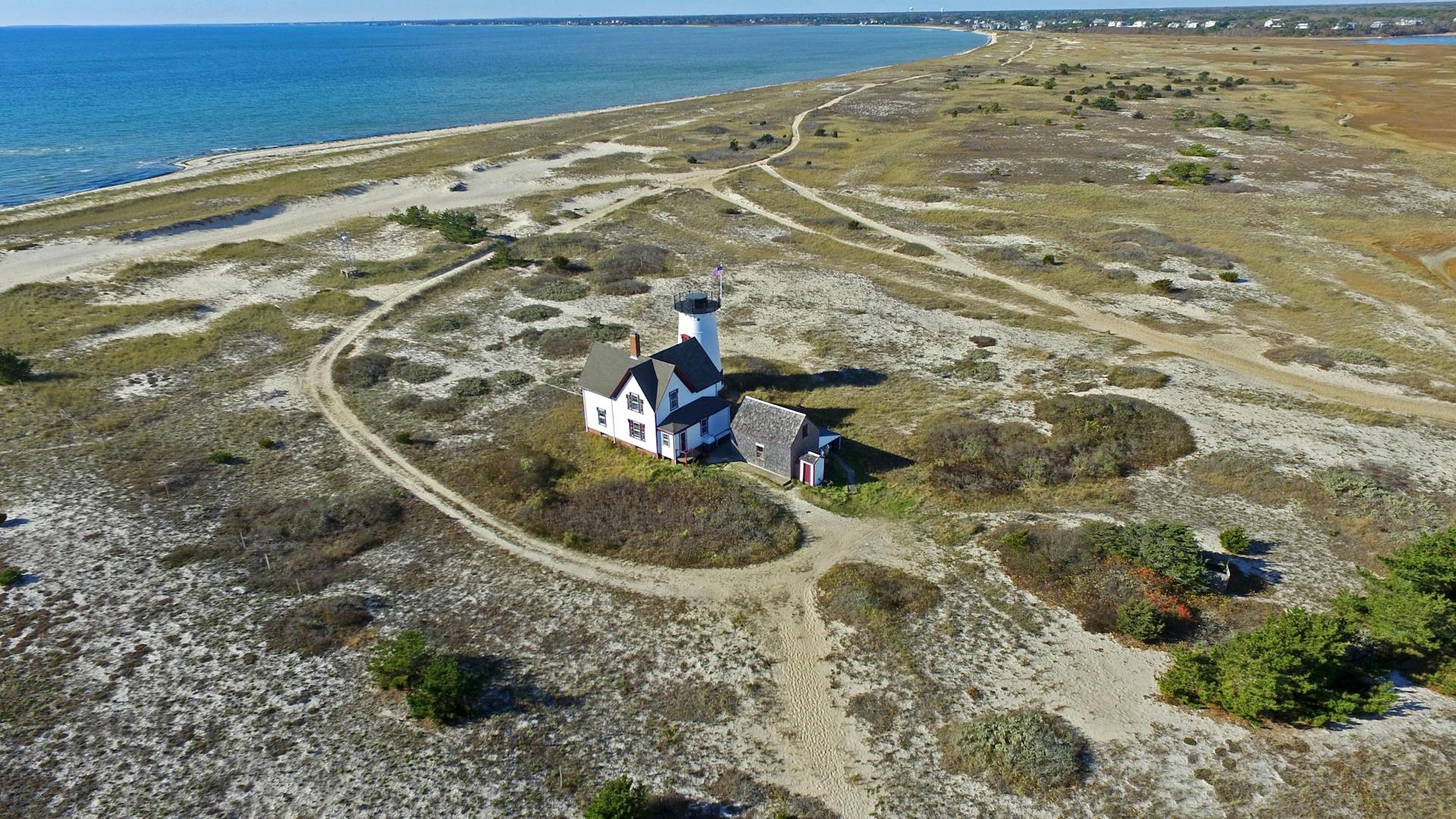 A beautiful aerial view of Chatham Lighthouse on the Cape Cod coastline in Massachusetts.