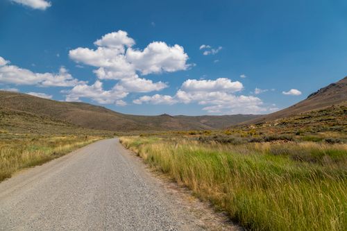 Free A tranquil countryside landscape with a gravel road stretching under a bright blue sky with fluffy clouds. Stock Photo