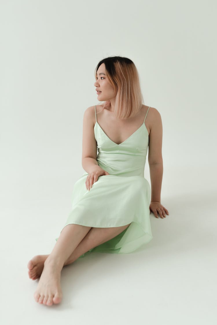 Colored Hair Woman Wearing Spaghetti Strap Dress