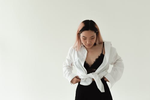Woman Wearing White Long Sleeves on White Background