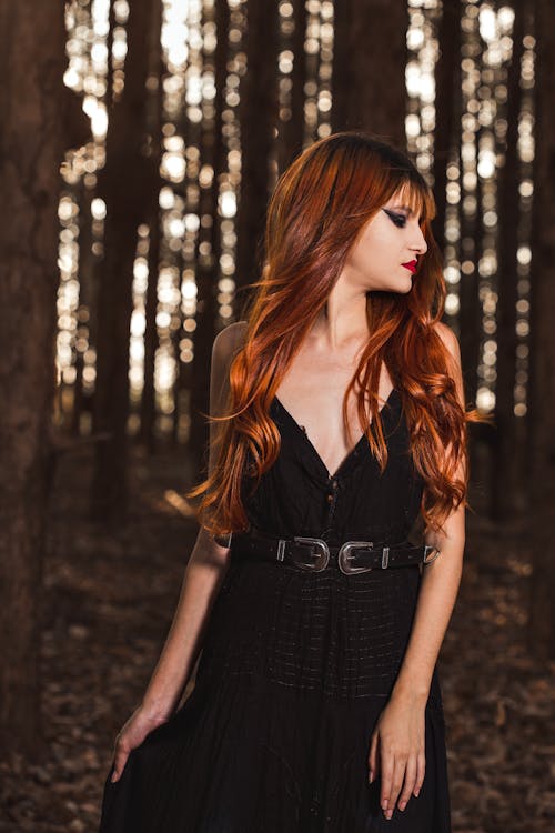 Woman in the Forest Wearing Black Dress 