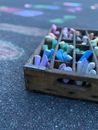 Blue and White Plastic Straw in Brown Wooden Box