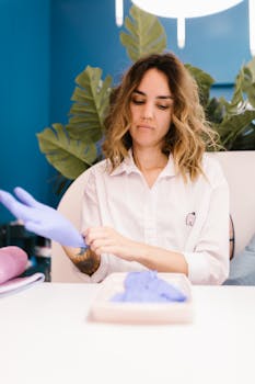 Young woman in a beauty salon putting on latex gloves, ready to work.