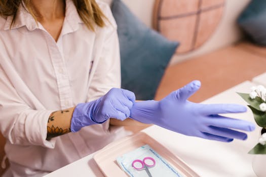 Woman in a salon wearing blue gloves, preparing for a spa treatment.