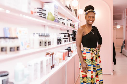 Confident woman in a vibrant hair salon with a genuine smile, showcasing stylish fashion and cosmetics.
