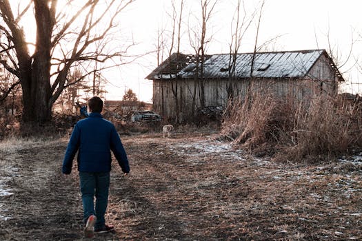 一个身穿蓝色夹克的小男孩走向冬季乡村里的一座废弃谷仓