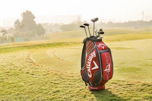 Professional golf bag with golf equipment standing on green golf field against trees and buildings on background in summer sunny morning