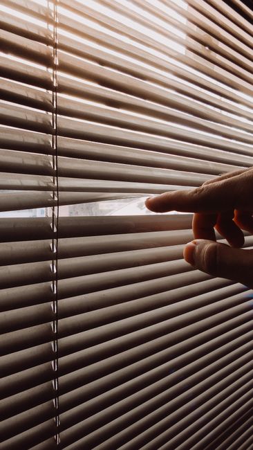 Crop anonymous male opening plastic slat of white jalousie with hand while peeping out of window while standing in light room