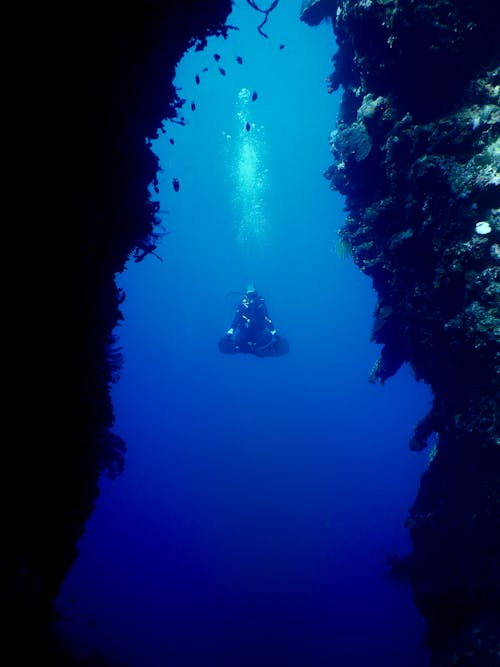 Unrecognizable person floating undersea with crossed legs near corals