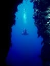 Unrecognizable person floating undersea with crossed legs near corals