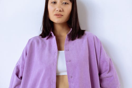 A Woman in a Purple Button Down Shirt