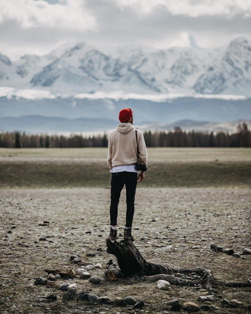 Anonymous traveler with photo camera contemplating mountains