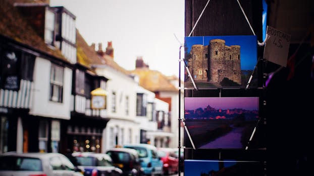 英国街道风景如画，老式房屋与明信片展示充满活力