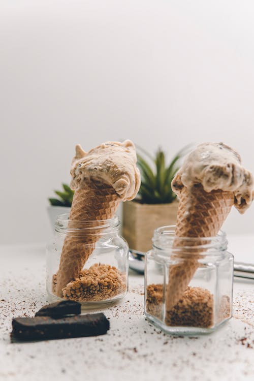 Ice Cream With Cones in Close Up Photography